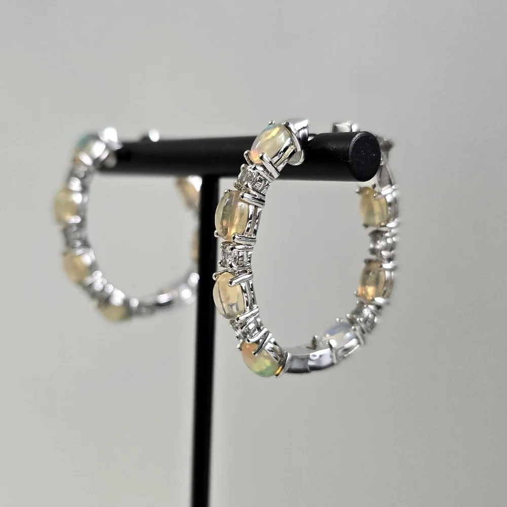 Watch Video / Extraordinary Sterling Silver 925 Opal Hoop Earrings